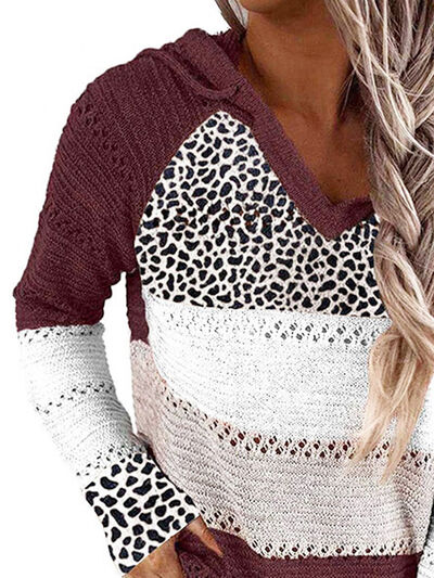 Full Size Openwork Leopard Drawstring Hooded Sweater - Danielle and Jason Baker LLC - Danielle Baker's Boutique