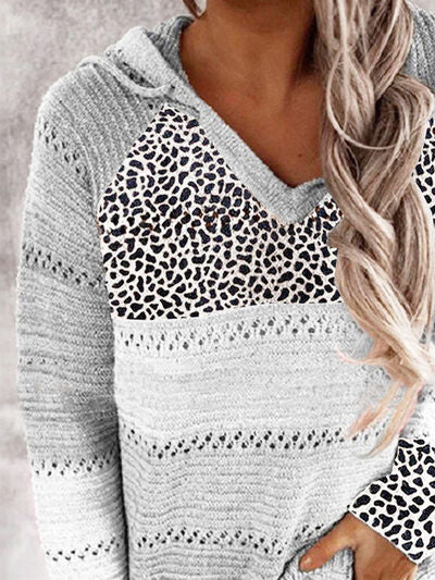 Full Size Openwork Leopard Drawstring Hooded Sweater - Danielle and Jason Baker LLC - Danielle Baker's Boutique