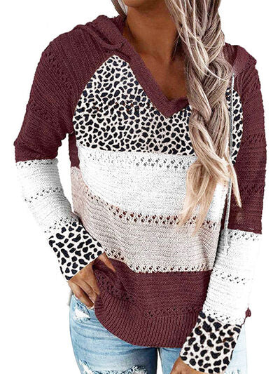 Full Size Openwork Leopard Drawstring Hooded Sweater - Danielle and Jason Baker LLC - Danielle Baker's Boutique