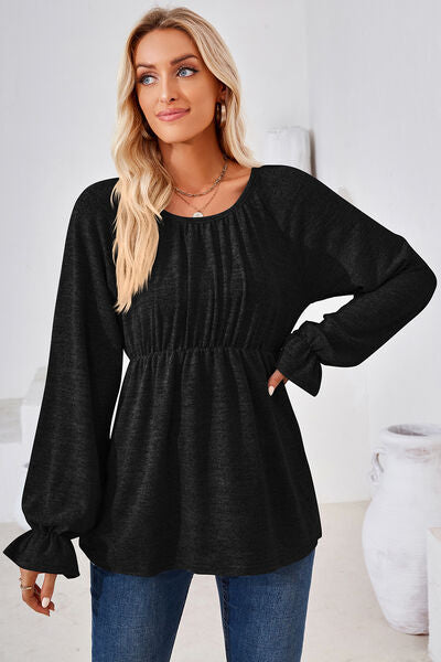 Ruched Round Neck Flounce Sleeve Blouse - Danielle and Jason Baker LLC - Danielle Baker's Boutique