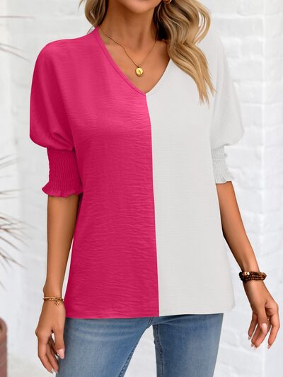 Contrast V-Neck Lantern Sleeve Blouse - Danielle and Jason Baker LLC - Danielle Baker's Boutique