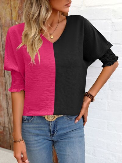 Contrast V-Neck Lantern Sleeve Blouse - Danielle and Jason Baker LLC - Danielle Baker's Boutique