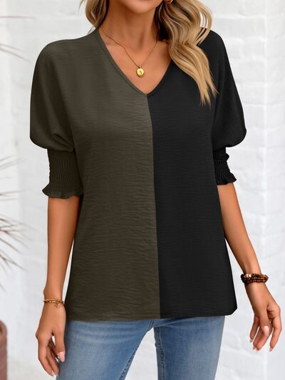 Contrast V-Neck Lantern Sleeve Blouse - Danielle and Jason Baker LLC - Danielle Baker's Boutique