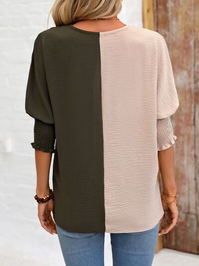 Contrast V-Neck Lantern Sleeve Blouse - Danielle and Jason Baker LLC - Danielle Baker's Boutique