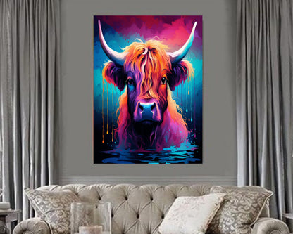 Abstract Color Highland cow print, digital download, farm animal print, highland cow wall art, farmhouse, cow poster, instant download